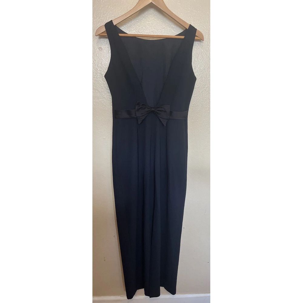 Vtg Laundry Shelli Segal Maxi Dress Bow Open Back High Slit Satin Gown Black 10